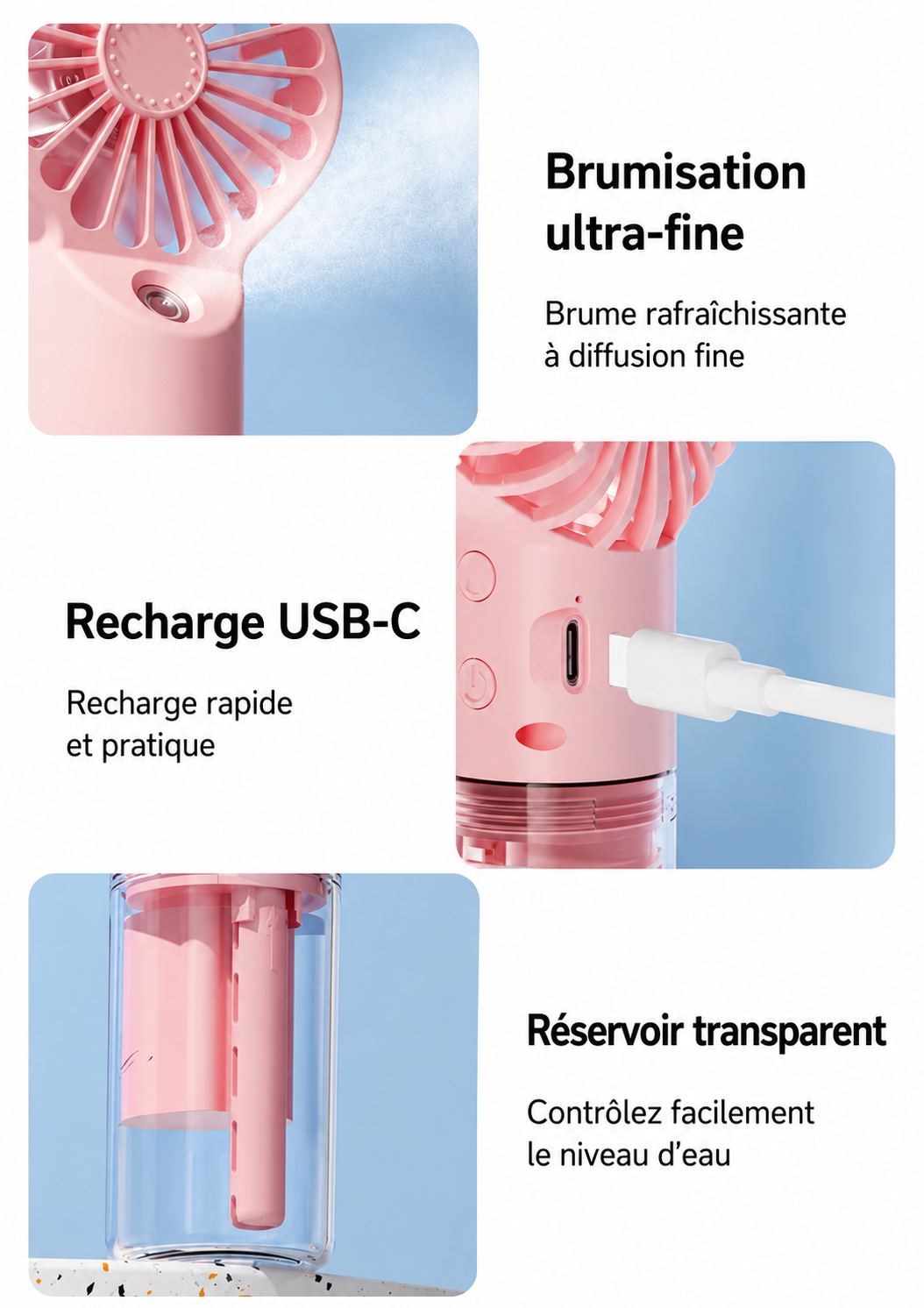 Ventilateur Brumisateur Portable Frescoo® – Mini Ventilateur Rafraîchissant à Main avec Réservoir d'Eau, Rechargeable USB
