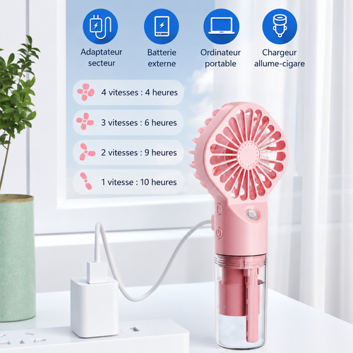 Ventilateur Brumisateur Portable Frescoo® – Mini Ventilateur Rafraîchissant à Main avec Réservoir d'Eau, Rechargeable USB